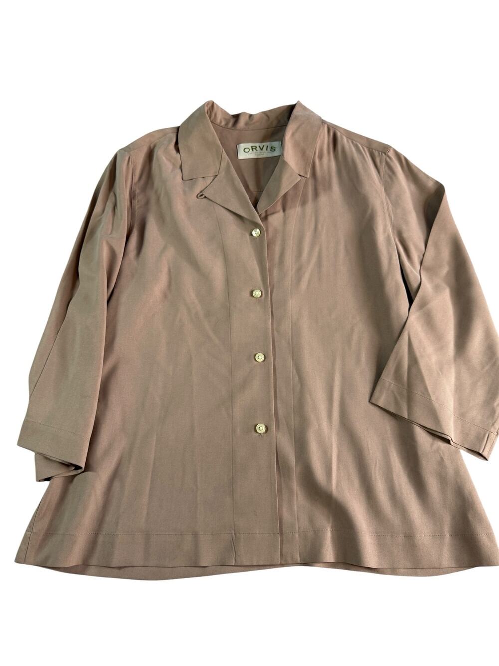 Orvis Womens Medium 100% Silk Blouse Taupe Button Front 3/4 Sleeve Quiet Luxury